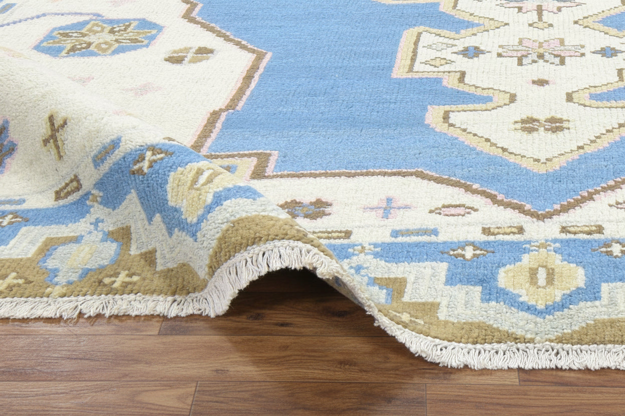 Nacklase Blue Medallion Hand-Knotted Area Rug – Vintage Persian-Style Heriz Serapi Blue / Beige Rug   9194565238933