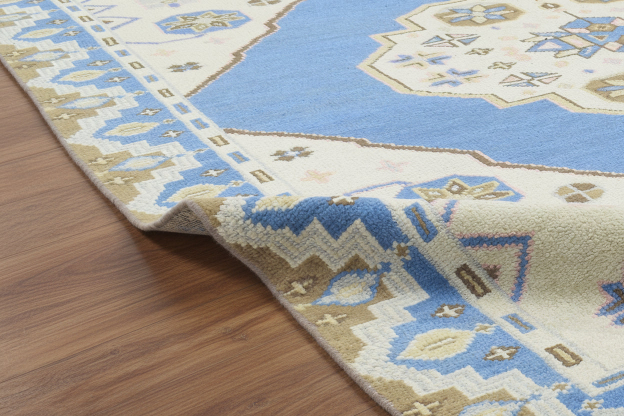 Nacklase Blue Medallion Hand-Knotted Area Rug – Vintage Persian-Style Heriz Serapi Blue / Beige Rug   9194565238933