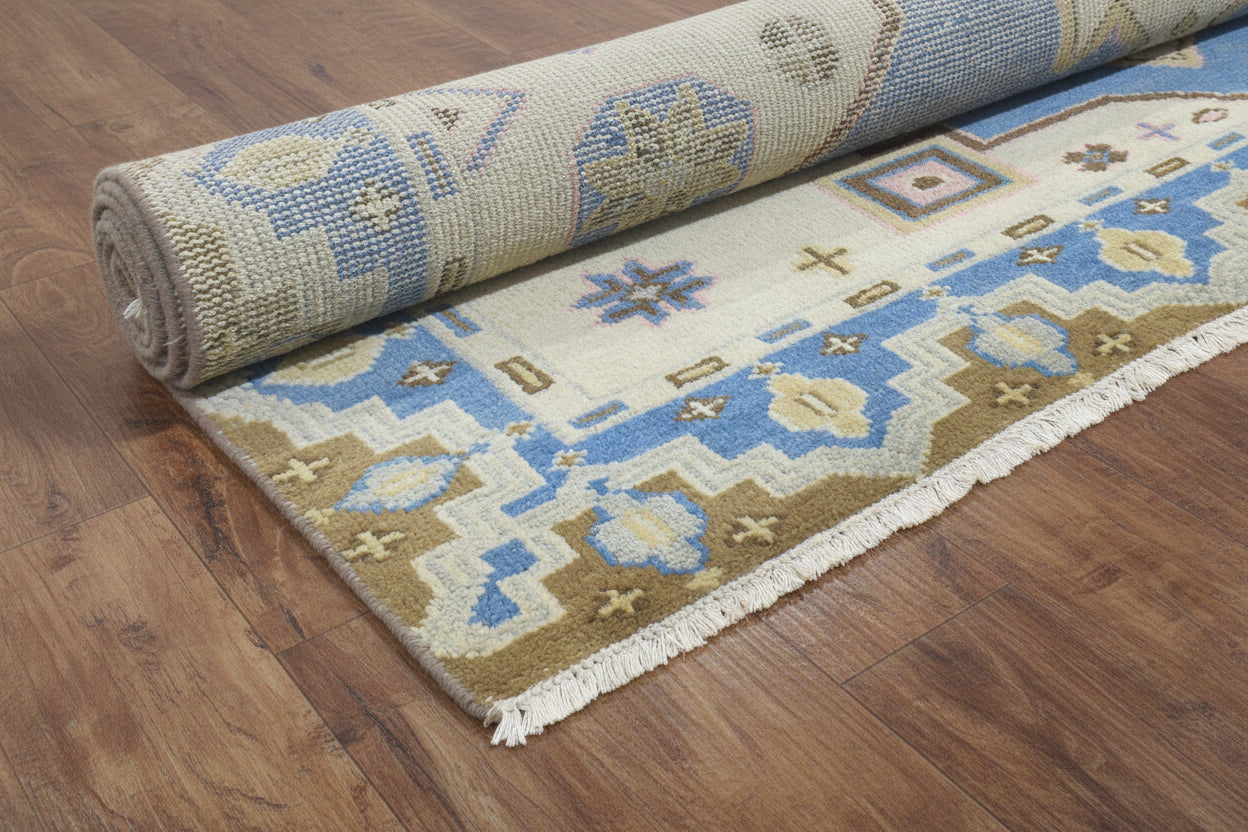 Nacklase Blue Medallion Hand-Knotted Area Rug – Vintage Persian-Style Heriz Serapi Blue / Beige Rug   9194565238933
