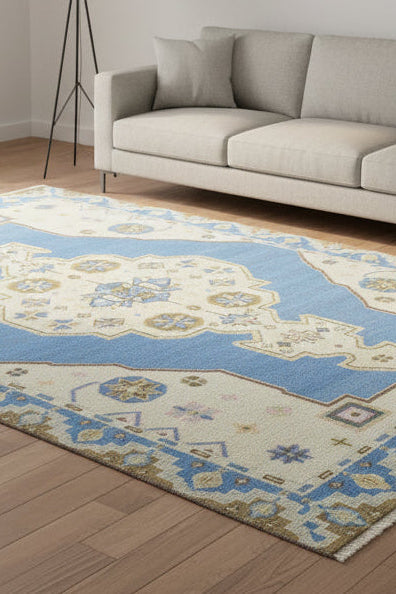 Nacklase Blue Medallion Hand-Knotted Area Rug – Vintage Persian-Style Heriz Serapi Blue / Beige Rug   9194565238933