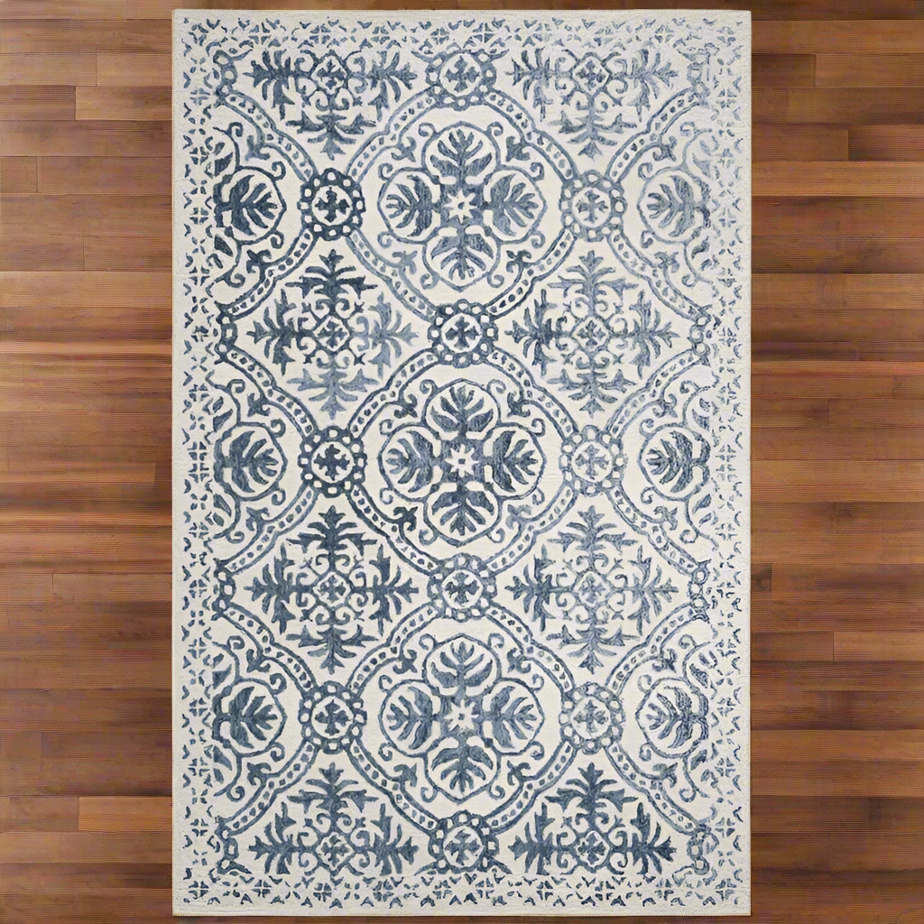 Nina Hand Tufted Wool Pile Oriental Rug Blue & White   8726050406549
