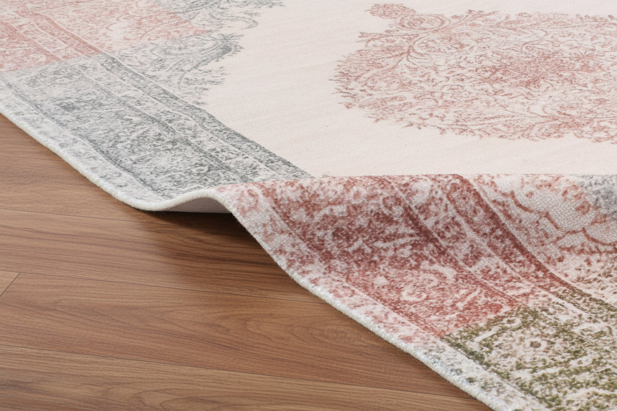 Noor Handmade Medallion Ivory Base Area Rug – Modern Vintage Distressed Style   9176383455381