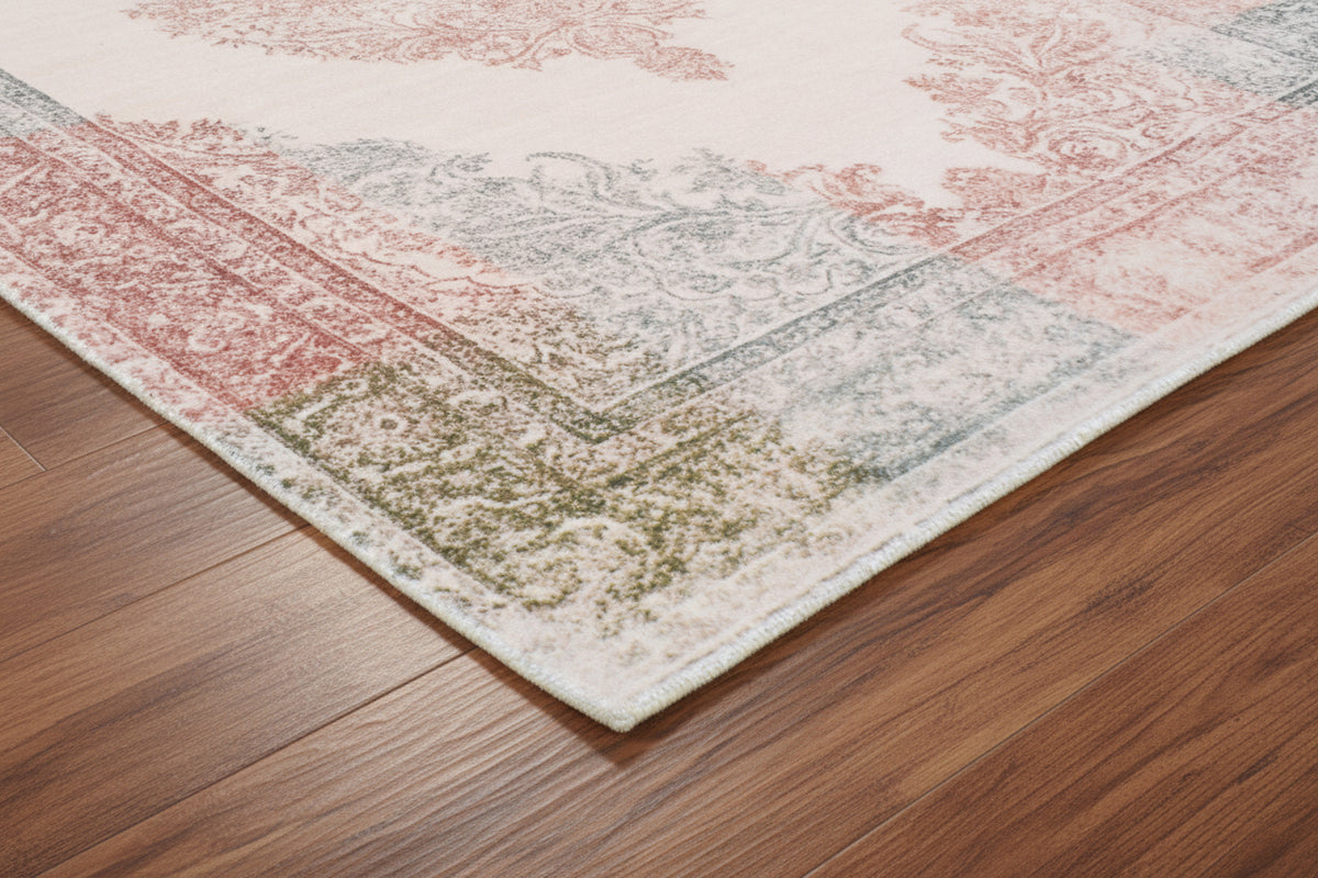 Noor Handmade Medallion Ivory Base Area Rug – Modern Vintage Distressed Style   9176383455381