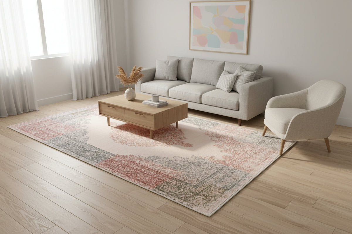 Noor Handmade Medallion Ivory Base Area Rug – Modern Vintage Distressed Style   9176383455381