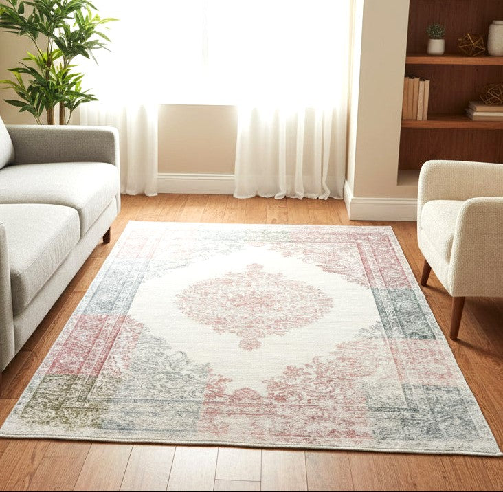 Noor Handmade Medallion Ivory Base Area Rug – Modern Vintage Distressed Style   9176383455381