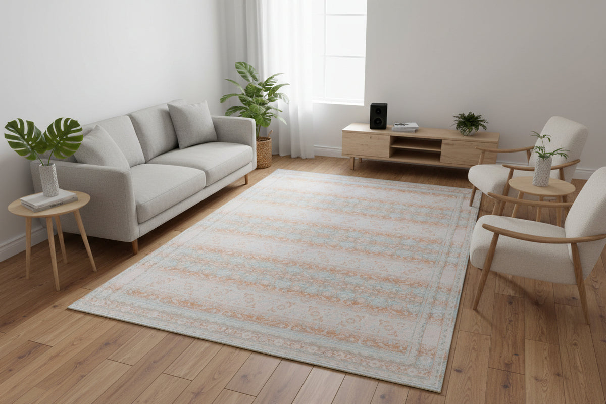 Ojark Vintage Style Handmade Soft Blue & Peach Area Rug – Classic Traditional Decorative Style