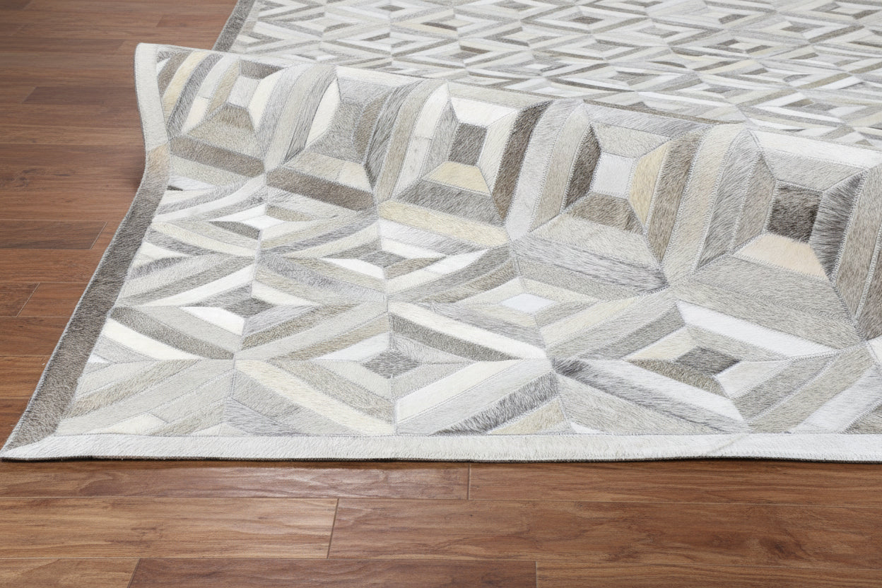 Olivie Handmade Leather Gray Diamond Rug | Modern Patchwork Cowhide Area Rug   9060443521173