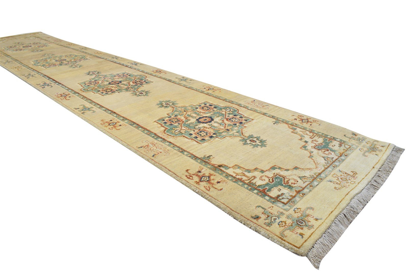 Pegeen Hand Knotted Beige Wool / Silk Rug 2'6"x12 Persian Oushak Oriental Runner   7864089018517