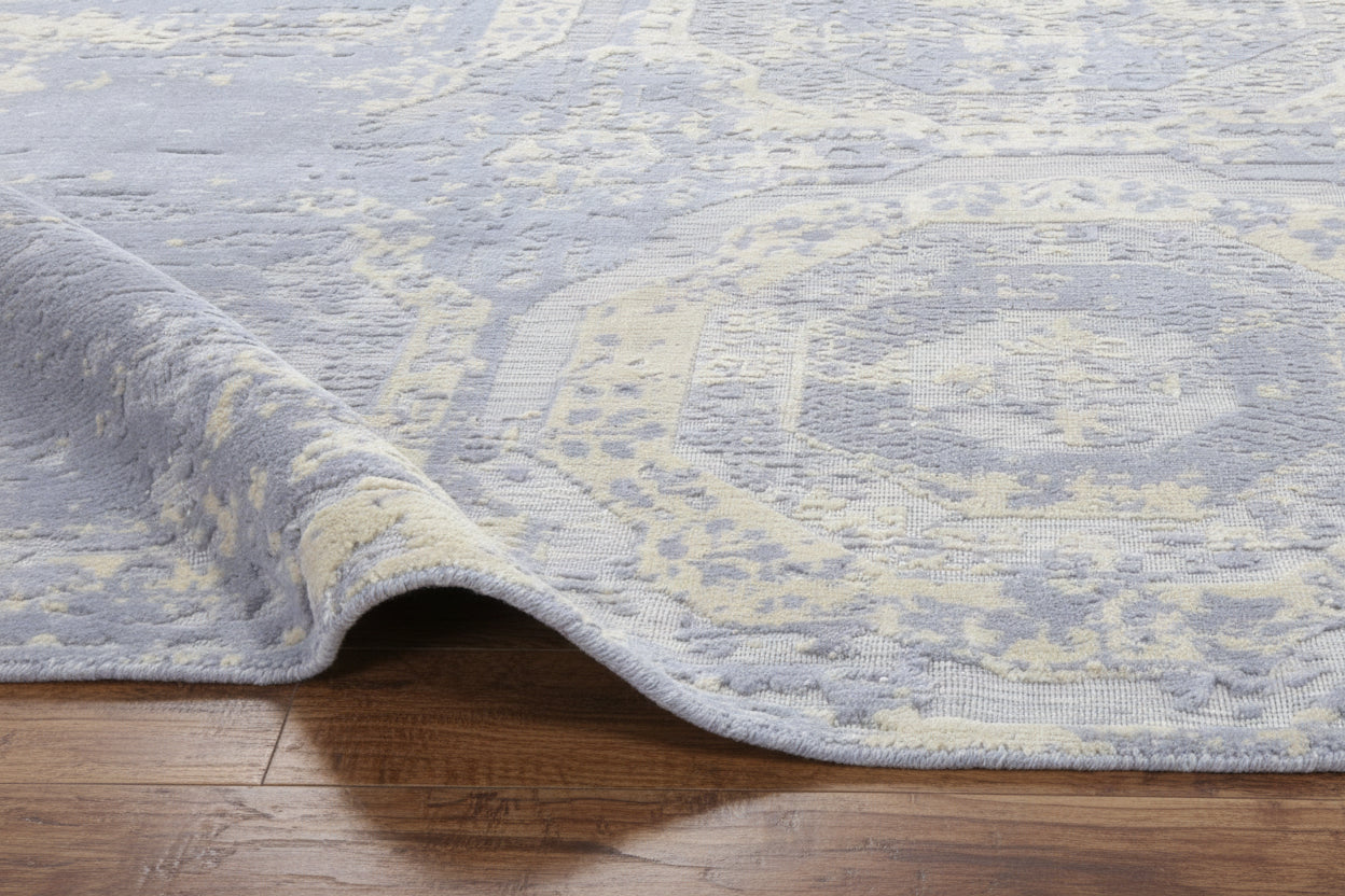 Raksha Khotan Erased Hand Loom Knotted Distressed Area Rug – Slate Blue & Sand Rug   9176276598933