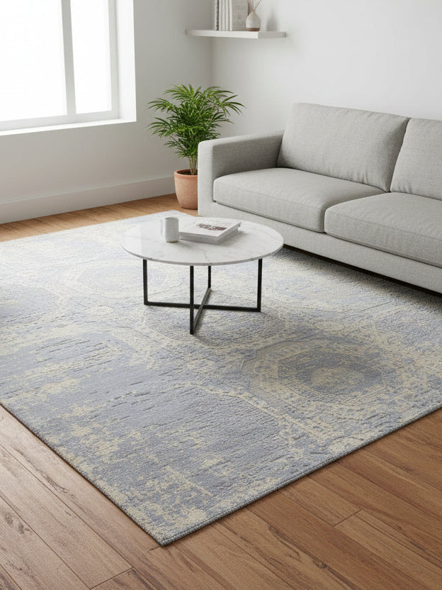 Raksha Khotan Erased Hand Loom Knotted Distressed Area Rug – Slate Blue & Sand Rug   9176276598933