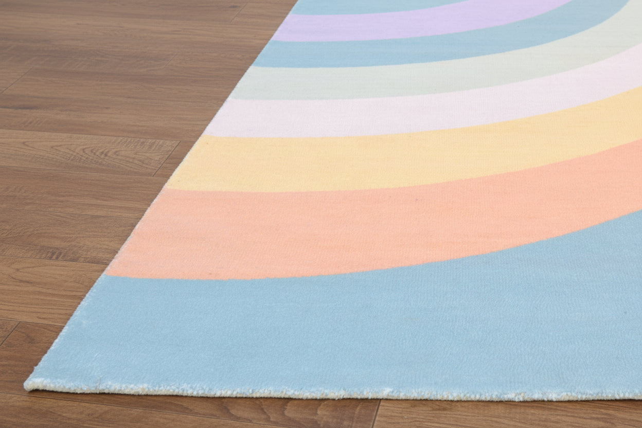 Retro Blue Pastel Rainbow Wave Area Rug – Handmade Kids Nursery Soft Rug   9030842712213