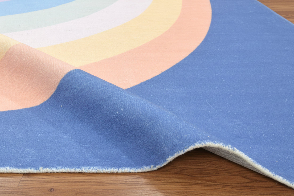 Retro Navy Blue Pastel Rainbow Wave Area Rug – Handmade Kids Nursery Rug   9033301229717