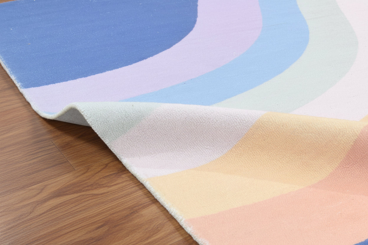 Retro Navy Blue Pastel Rainbow Wave Area Rug – Handmade Kids Nursery Rug   9033301229717