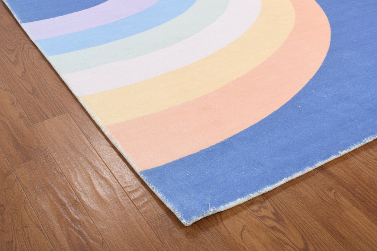 Retro Navy Blue Pastel Rainbow Wave Area Rug – Handmade Kids Nursery Rug   9033301229717
