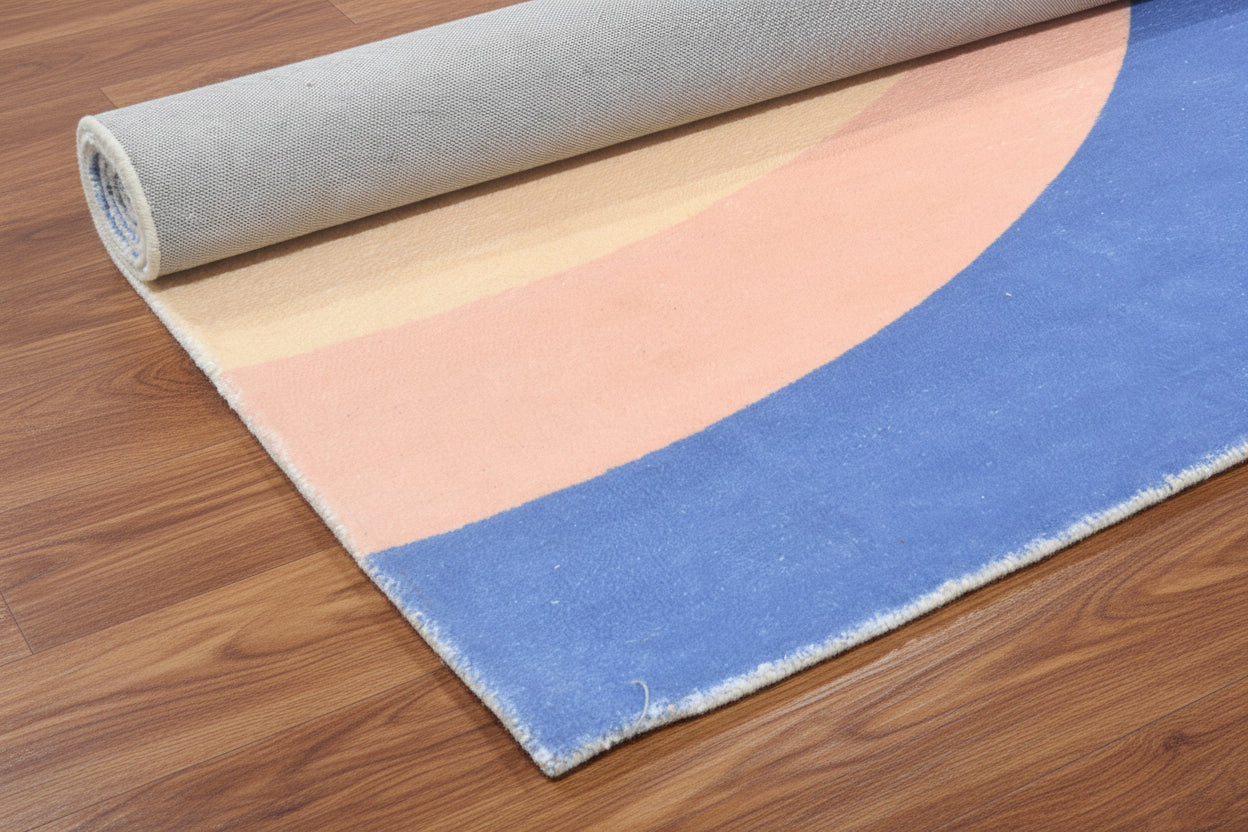 Retro Navy Blue Pastel Rainbow Wave Area Rug – Handmade Kids Nursery Rug   9033301229717