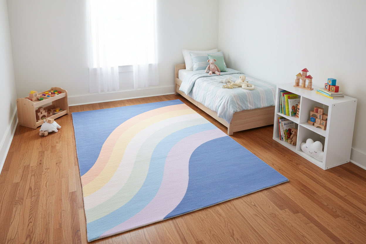 Retro Navy Blue Pastel Rainbow Wave Area Rug – Handmade Kids Nursery Rug   9033301229717