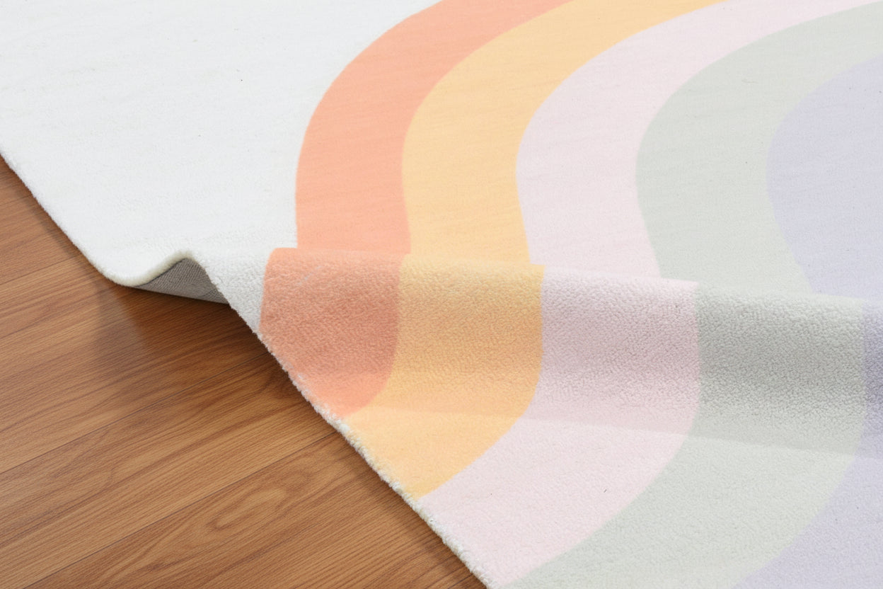 Retro Off White Pastel Rainbow Wave Area Rug – Handmade Kids Nursery Soft Rug   9032254881941