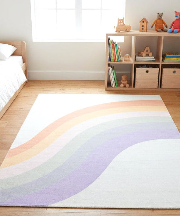 Retro Off White Pastel Rainbow Wave Area Rug – Handmade Kids Nursery Soft Rug   9032254881941