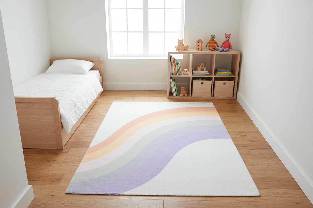 Retro Off White Pastel Rainbow Wave Area Rug – Handmade Kids Nursery Soft Rug   9032254881941