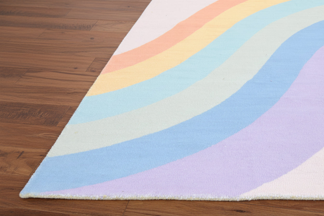 Retro Pink Pastel Rainbow Wave Area Rug – Handmade Kids Nursery Rug   9033315156117
