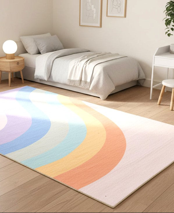 Retro Pink Pastel Rainbow Wave Area Rug – Handmade Kids Nursery Soft Rug   9033315156117