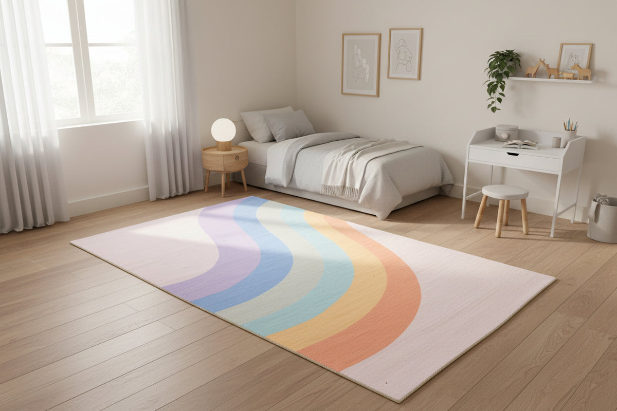 Retro Pink Pastel Rainbow Wave Area Rug – Handmade Kids Nursery Soft Rug   9033315156117