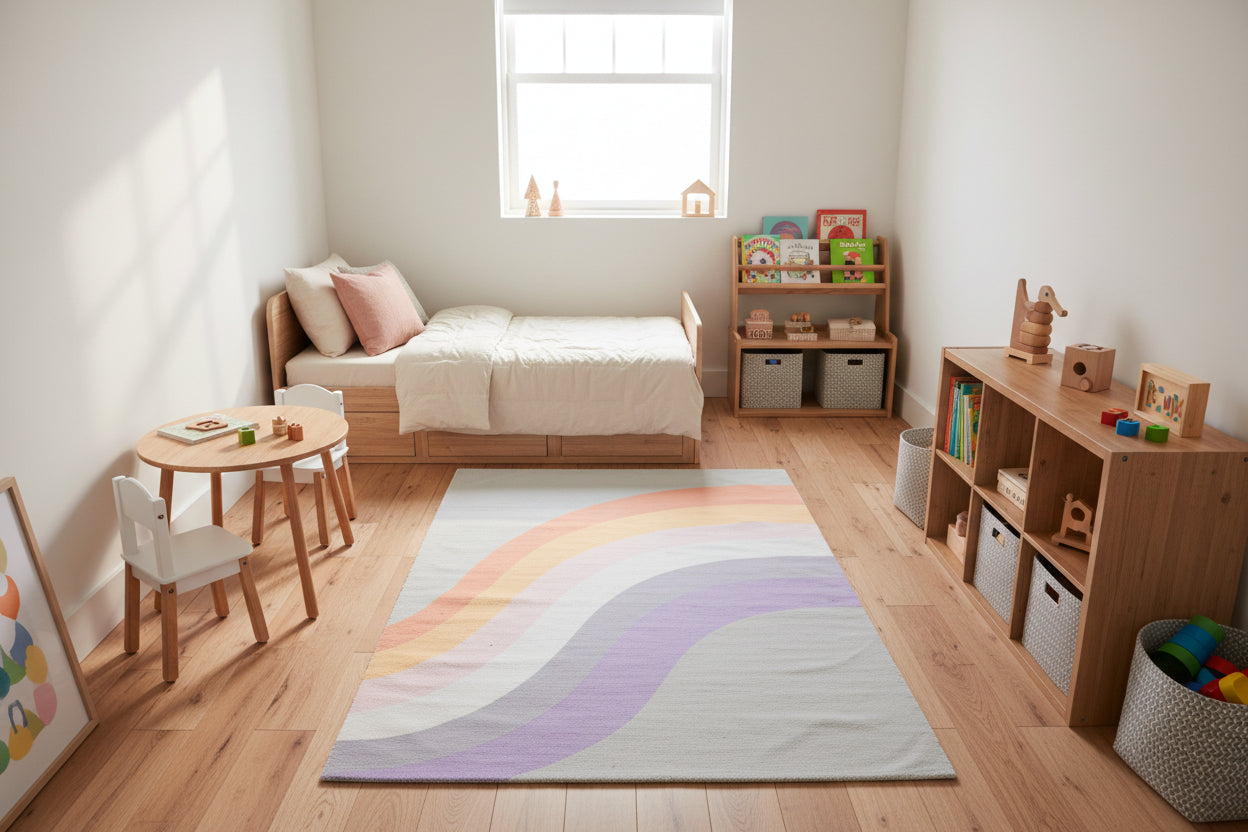 Retro Sage Green Pastel Rainbow Wave Area Rug – Handmade Kids Nursery Soft Rug   9032660582549