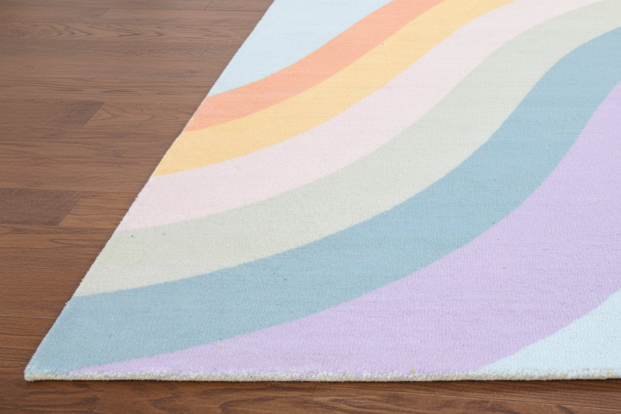Retro Sky Blue Pastel Rainbow Wave Area Rug – Handmade Kids Nursery Soft Rug   9032017576085