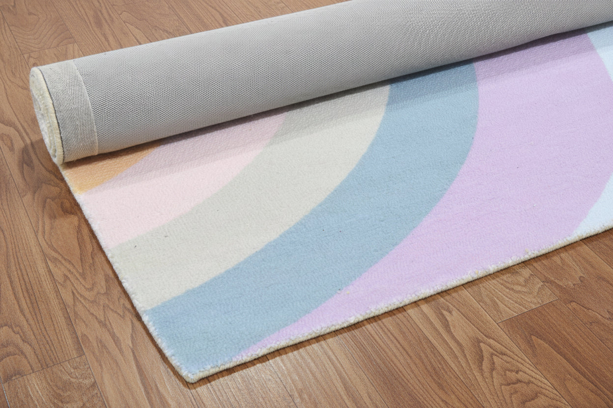 Retro Sky Blue Pastel Rainbow Wave Area Rug – Handmade Kids Nursery Soft Rug   9032017576085