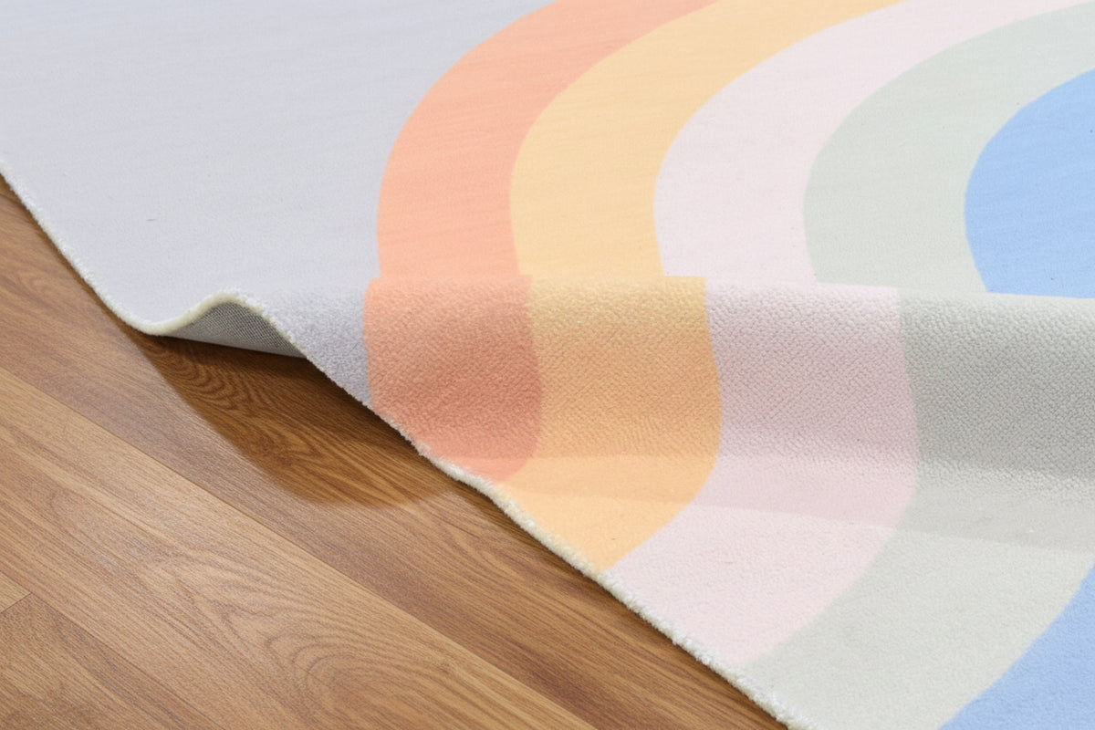 Retro Soft Gray Pastel Rainbow Wave Area Rug – Handmade Kids Nursery Soft Rug   9033342419093