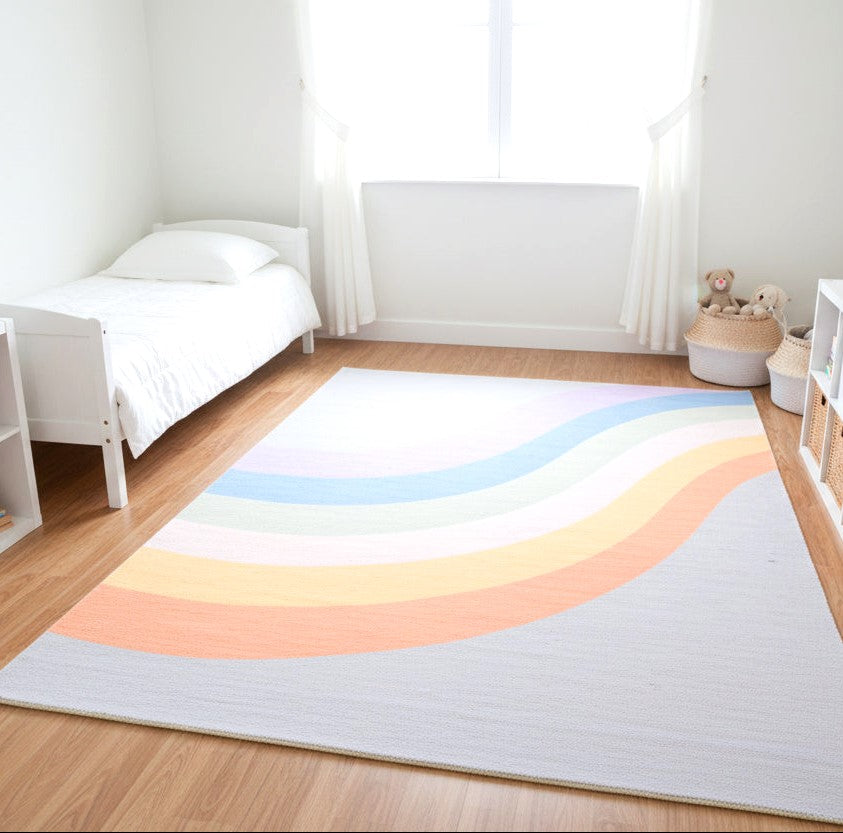 Retro Soft Gray Pastel Rainbow Wave Area Rug – Handmade Kids Nursery Soft Rug   9033342419093
