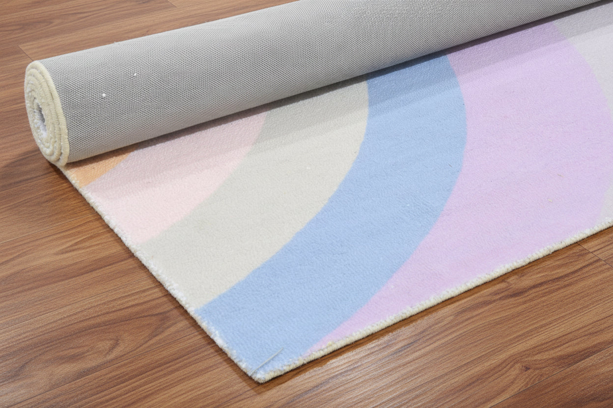 Retro Soft Gray Rainbow Wave Area Rug – Handmade Kids Nursery Rug   9033342419093