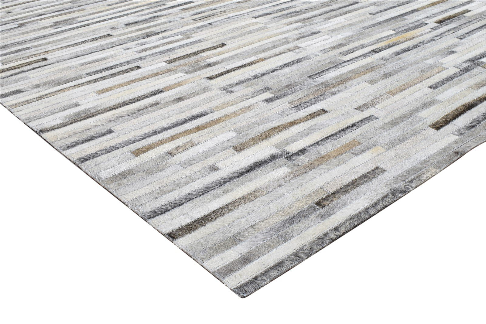 Rhiamon Handmade Grey Sand Leather Striped Rug - Modern Patchwork Cowhide Area Rug   7864251711637