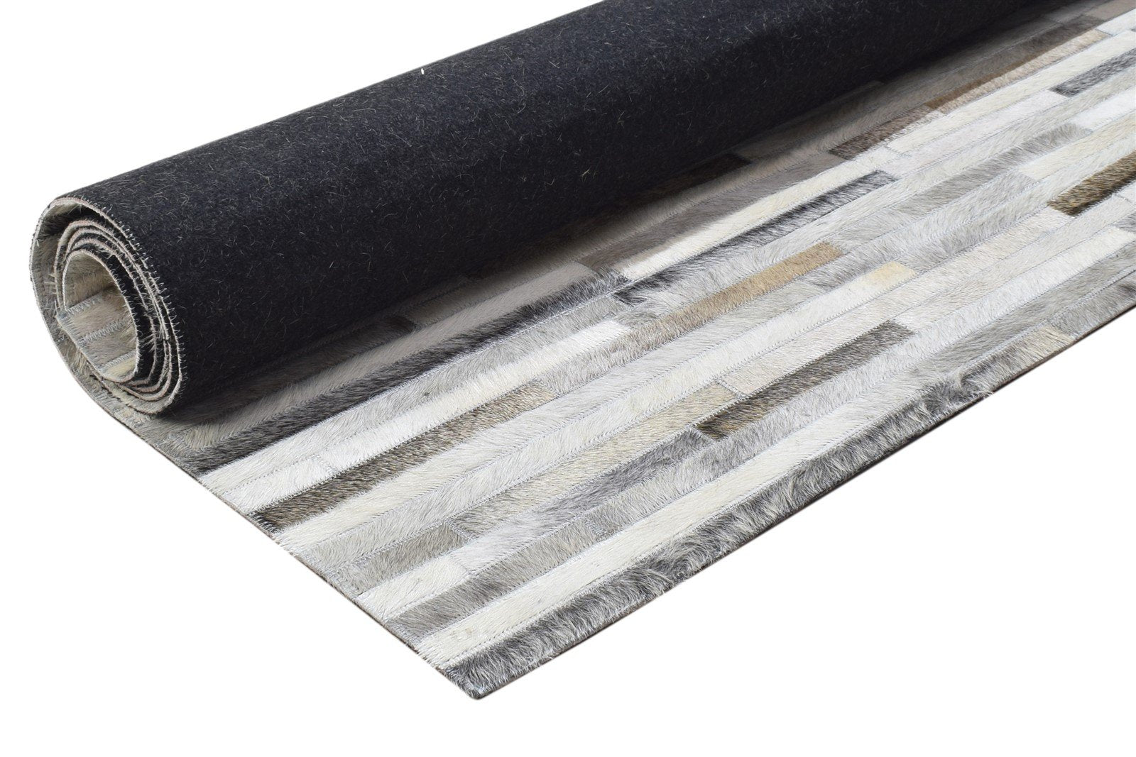 Rhiamon Handmade Grey Sand Leather Striped Rug - Modern Patchwork Cowhide Area Rug   7864251711637