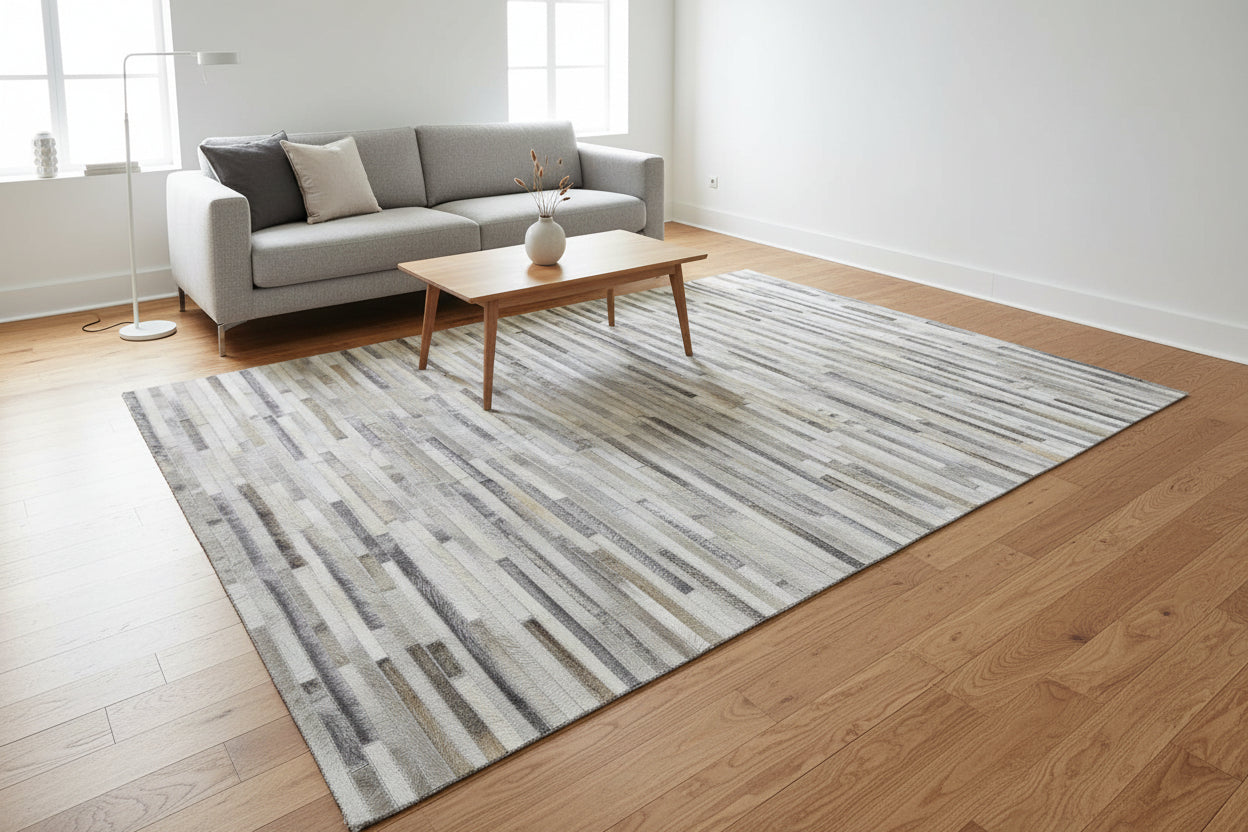 Rhiamon Handmade Grey Sand Leather Striped Rug - Modern Patchwork Cowhide Area Rug   7864251711637