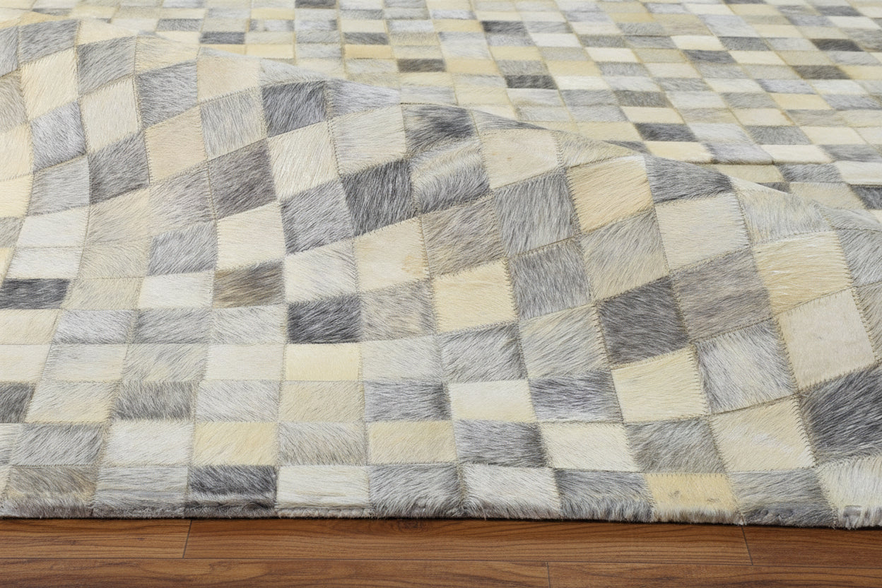 Rochella Handmade Leather Checkerboard Beige Rug | Modern Patchwork Checkered Cowhide Area Rug   7864583618709