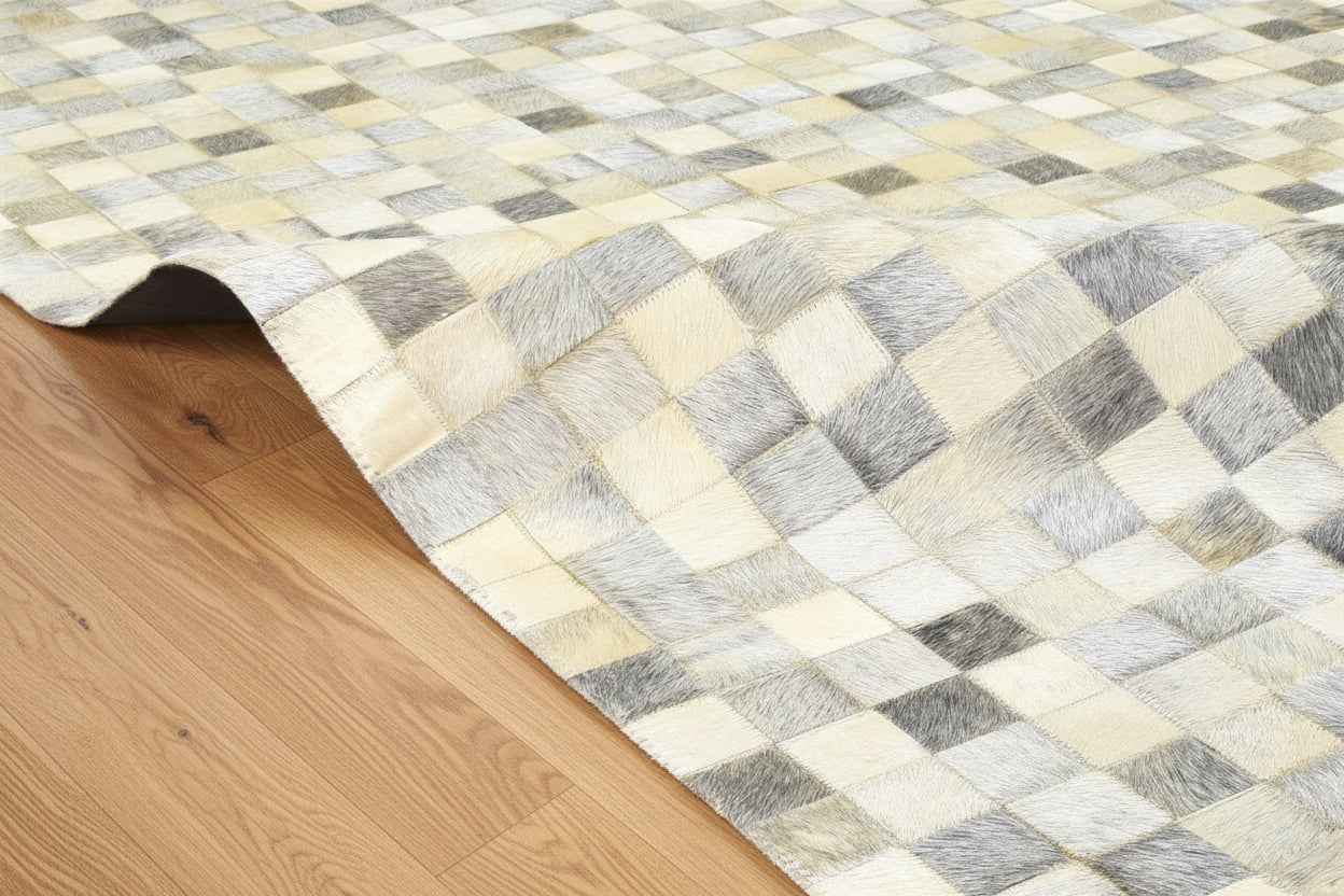 Rochella Handmade Leather Checkerboard Beige Rug | Modern Patchwork Checkered Cowhide Area Rug   7864583618709