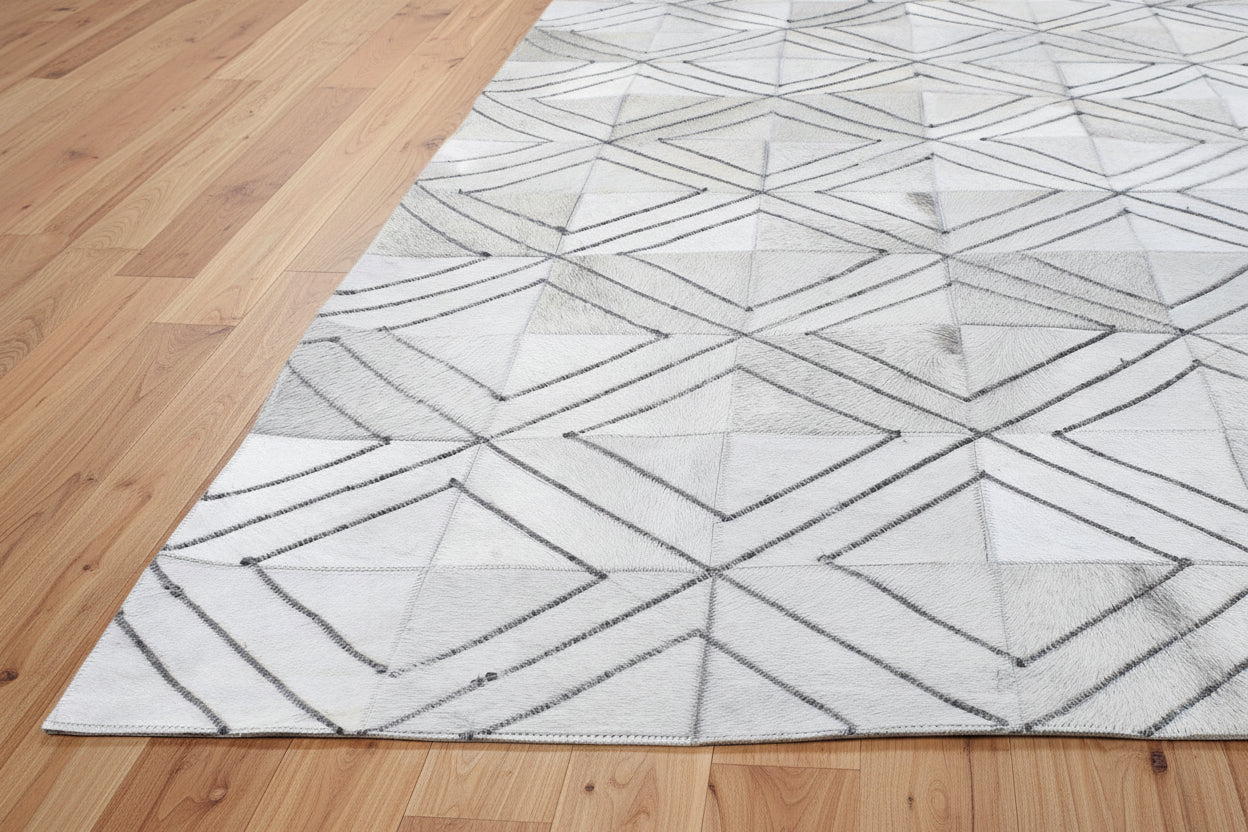 Rona White Handmade Leather Diamond Rug | Modern Patchwork Cowhide Ara Rug