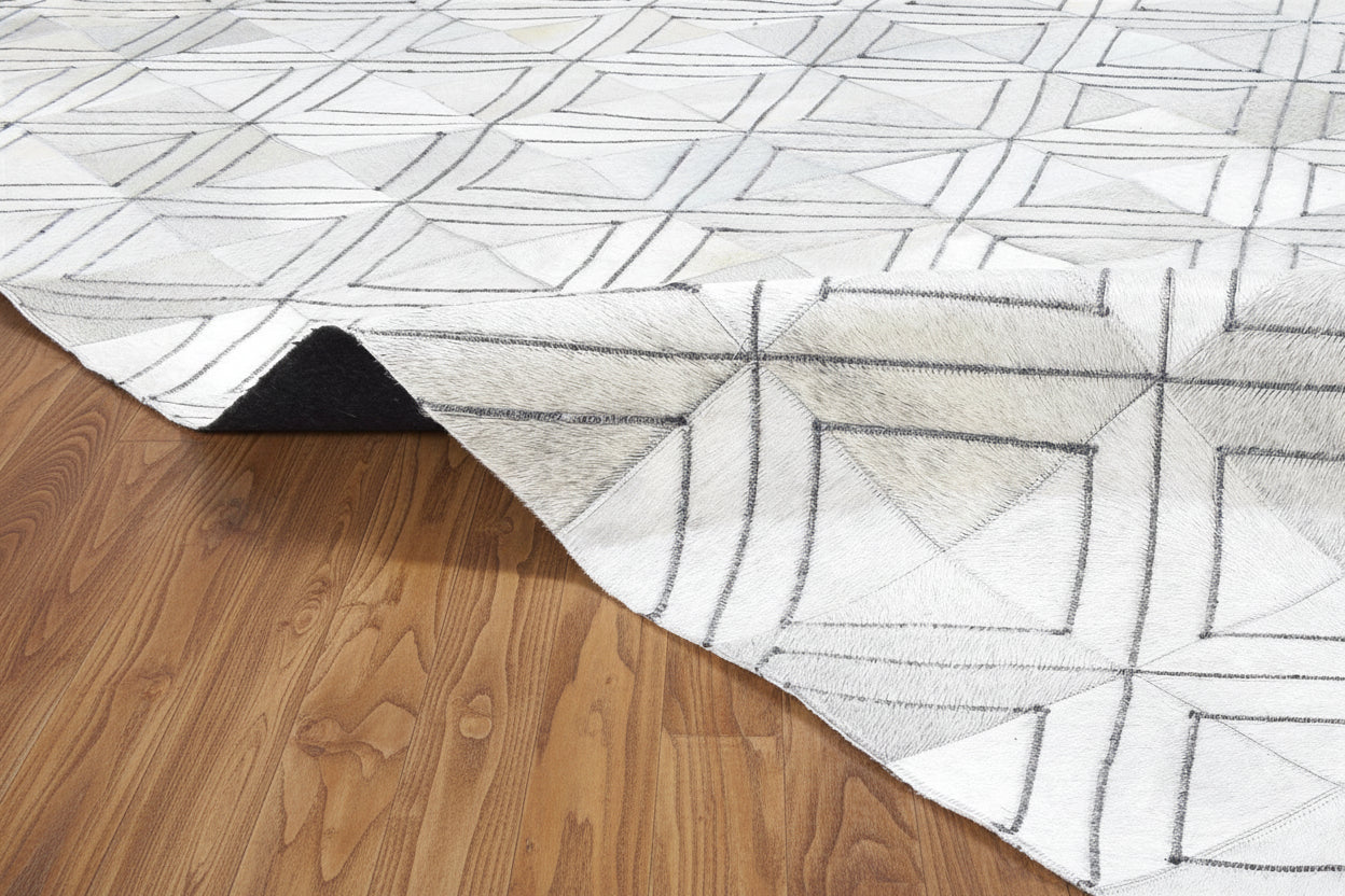 Rona White Handmade Leather Diamond Rug | Modern Patchwork Cowhide Ara Rug