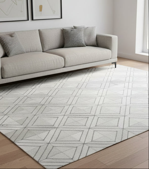 Rona White Handmade Leather Diamond Rug | Modern Patchwork Cowhide Ara Rug   9060339024021