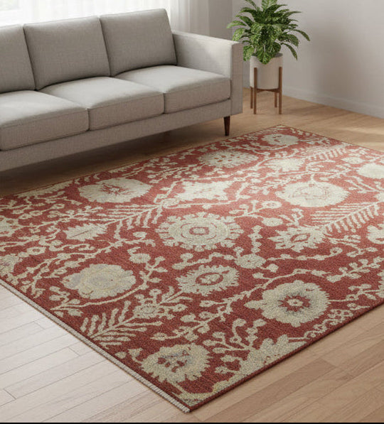 Rovira Hand-Knotted Red Floral Oushak Rug – Vintage Oriental Persian A