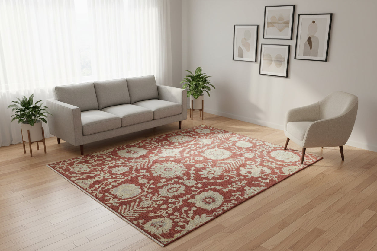 Rovira Hand-Knotted Red Floral Oushak Rug – Vintage Oriental Persian Area Rug   9194584342677