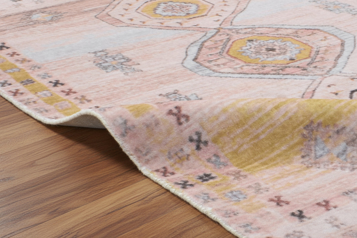 Saffron Triple Medallion Handmade Terracotta & Ochre Area Rug – Faded Bohemian Style   9125705646229