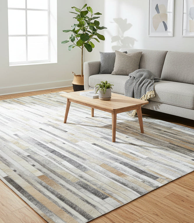 Sallie Leather Handmade Gray Ivory Stripes Rug | Modern Patchwork Cowh