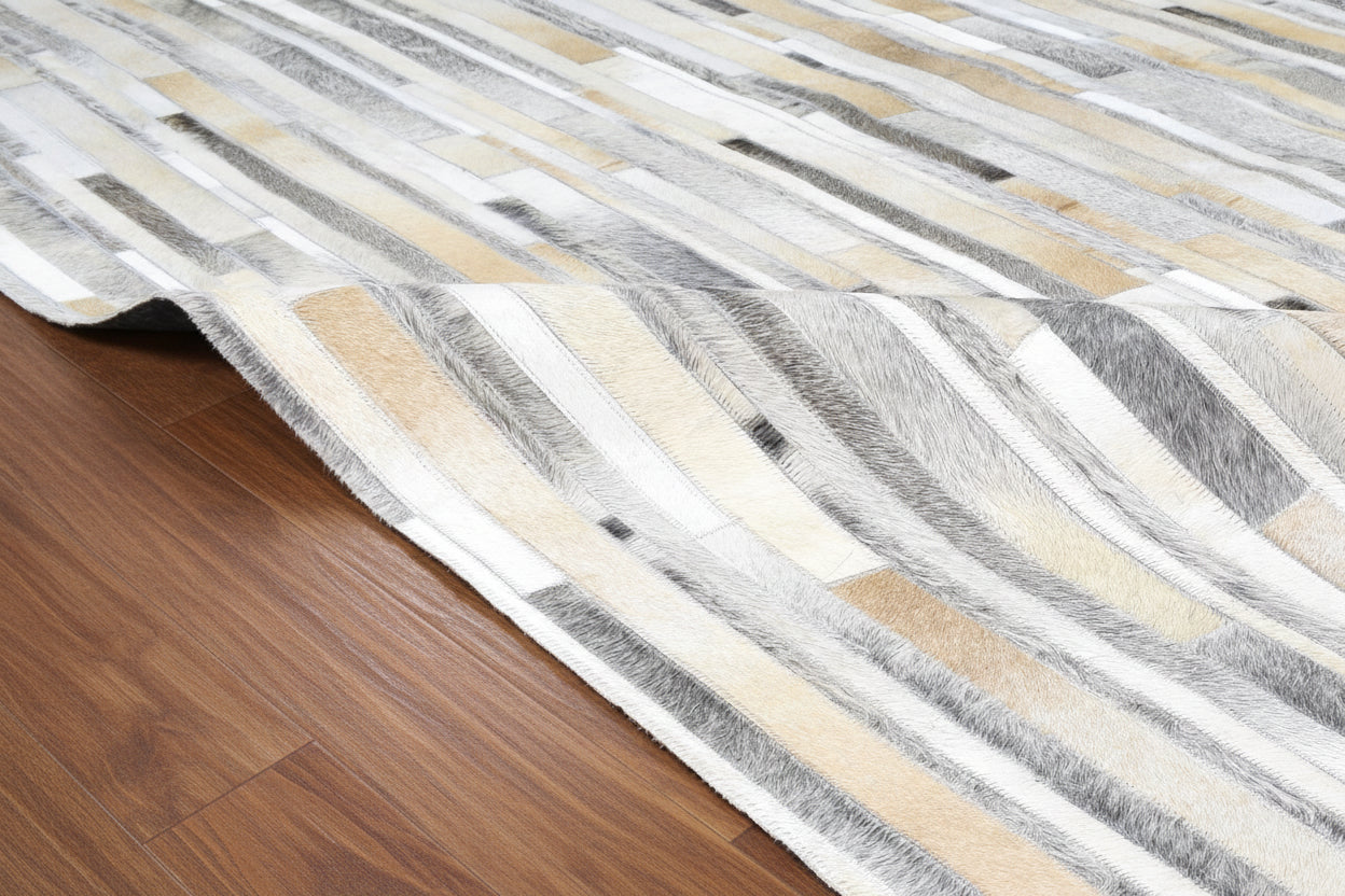 Sallie Leather Handmade Gray Ivory Stripes Rug | Modern Patchwork Cowhide Rug   9060184850581