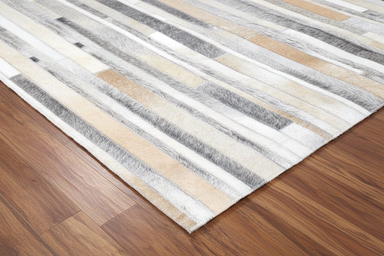 Sallie Leather Handmade Gray Ivory Stripes Rug | Modern Patchwork Cowhide Rug   9060184850581