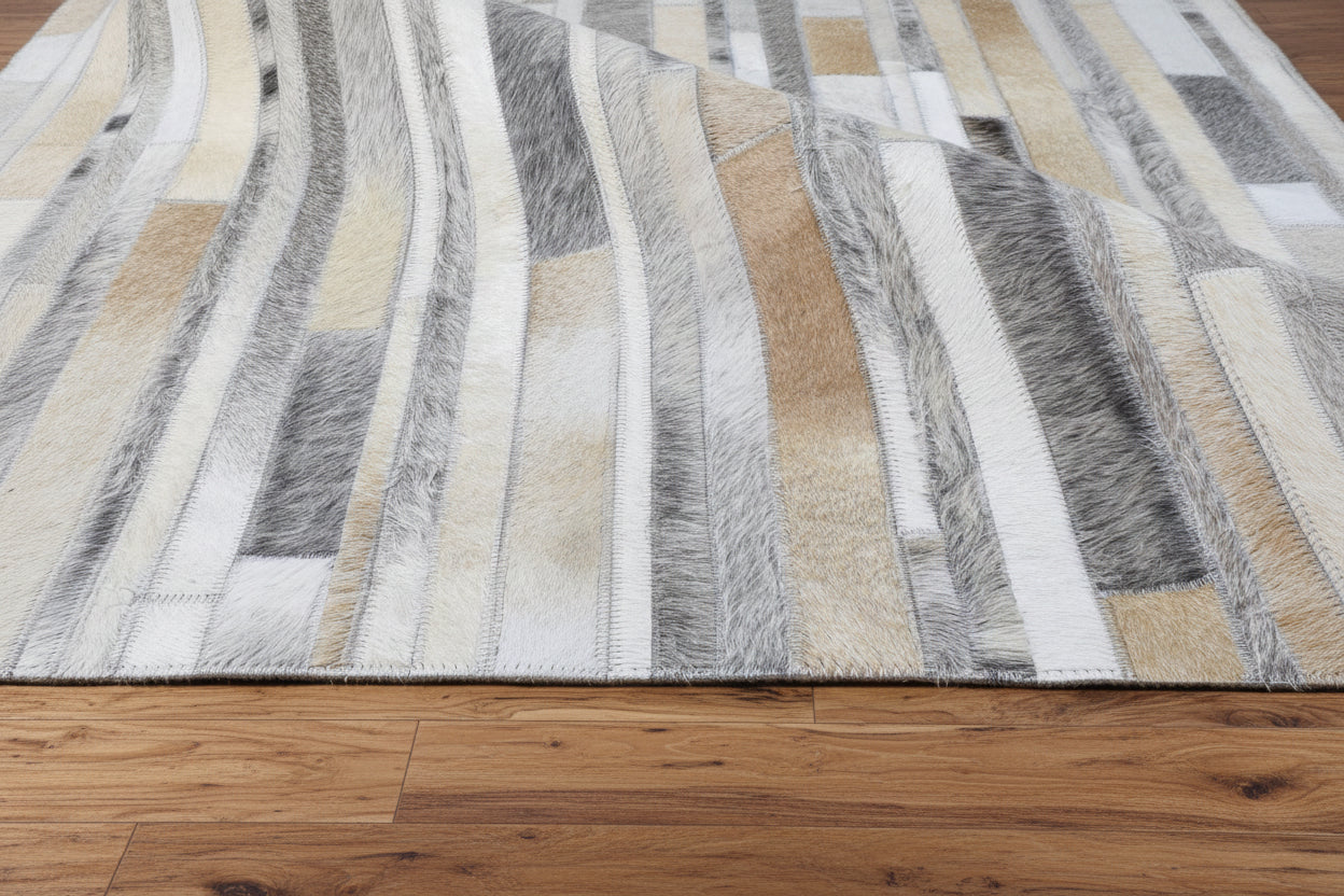 Sallie Leather Handmade Gray Ivory Stripes Rug | Modern Patchwork Cowhide Rug   9060184850581