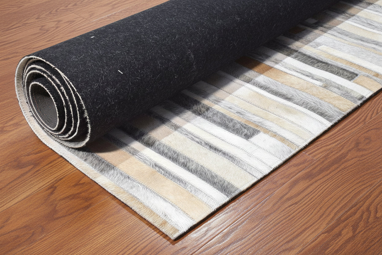 Sallie Leather Handmade Gray Ivory Stripes Rug | Modern Patchwork Cowhide Rug   9060184850581