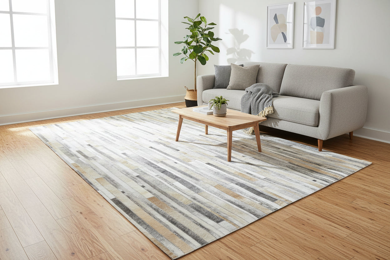 Sallie Leather Handmade Gray Ivory Stripes Rug | Modern Patchwork Cowhide Rug