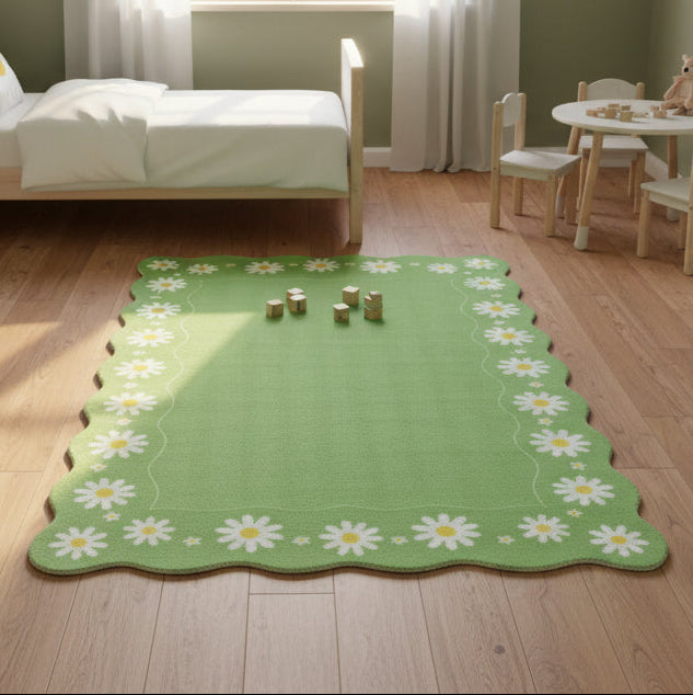 Scalloped Daisy Border Handmade Kids Rug – Lime Green Floral Nursery Area Rug   9126757728405